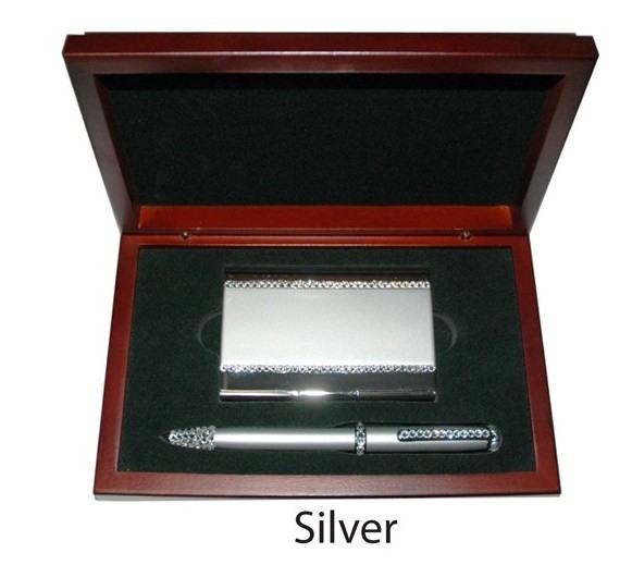 Crystal Pen & Card Holder Silver