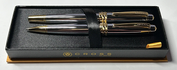 AT0452+0455-6 Set CROSS BAILEY MEDALIST BALL AND ROLLER PEN IN CHROME WITH GOLD TRIM