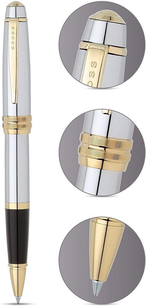 At0455-6 Cross Bailey Rollerball Pen In Medalist Chrome With Gold Trim